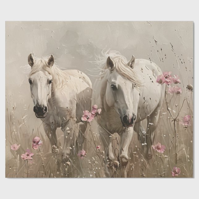 Grey Horses Pink Flowers Oil Painting Decoupage Wrapping Paper (Flat)