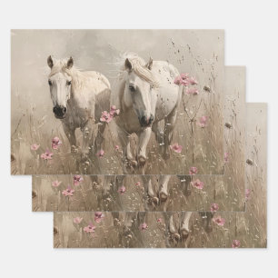 Grey Horses Pink Flowers Oil Painting Decoupage Wrapping Paper Sheets