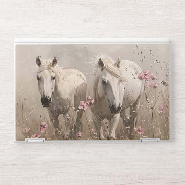 Grey Horses Pink Flowers Oil Painting HP Laptop Skin (Front)