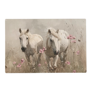 Grey Horses Pink Flowers Oil Painting Placemat