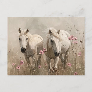 Grey Horses Pink Flowers Oil Painting Postcard