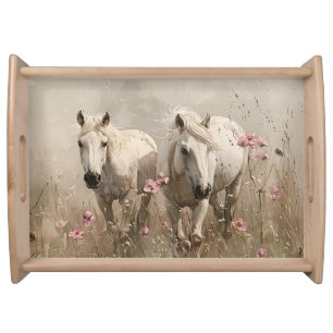 Grey Horses Pink Flowers Oil Painting Serving Tray