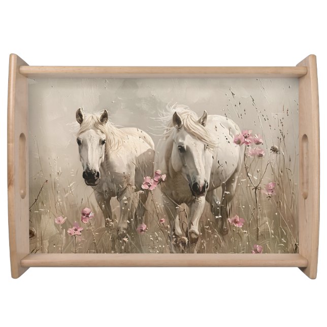 Grey Horses Pink Flowers Oil Painting Serving Tray (Front)