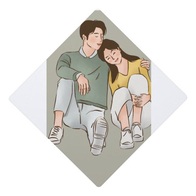 Grey illustration cupple graduation cap topper (Front)