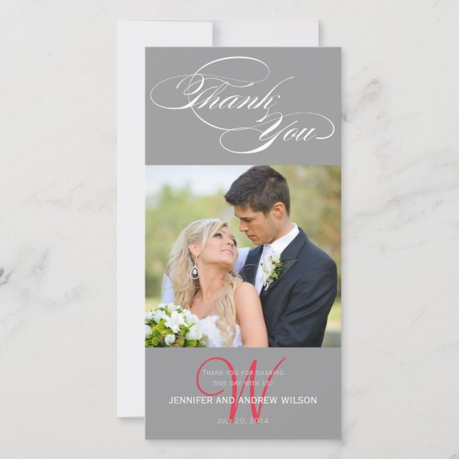GREY INITIAL SCRIPT WEDDING THANK YOU PHOTO CARD (Front)