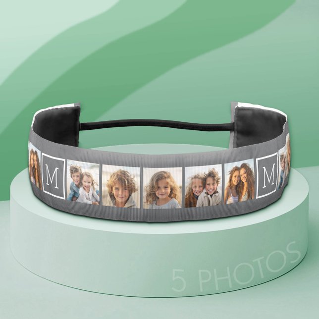 Grey Instagram 5 Photo Collage Monogram Athletic Headband (Custom Photo Headband)