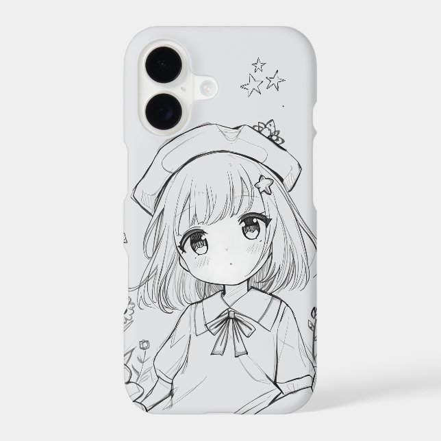 Grey iPhone 17 Case with Cute Kawaii Girl Design (Back)