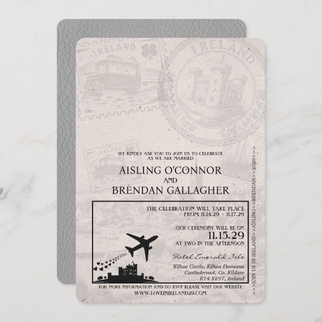 Grey Ireland Passport Wedding Invitation (Front/Back)