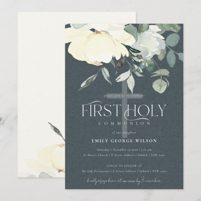 GREY IVORY WHITE AQUA FLORAL FIRST HOLY COMMUNION INVITATION (Front/Back)