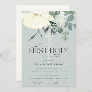 GREY IVORY WHITE AQUA FLORAL FIRST HOLY COMMUNION INVITATION