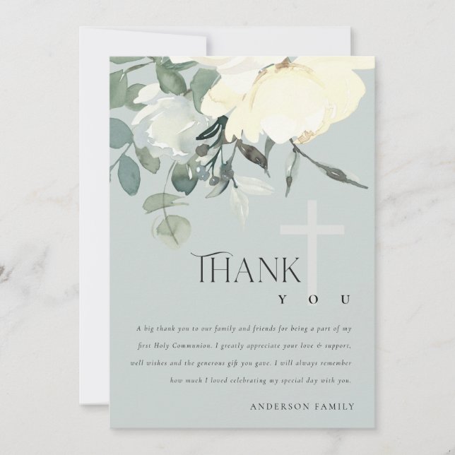 GREY IVORY WHITE AQUA FLORAL FIRST HOLY COMMUNION THANK YOU CARD (Front)
