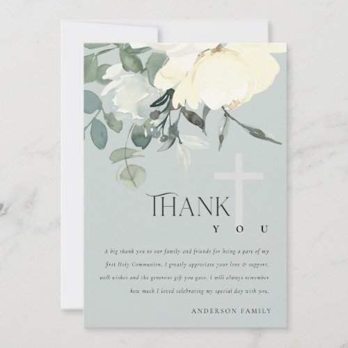 GREY IVORY WHITE AQUA FLORAL FIRST HOLY COMMUNION THANK YOU CARD