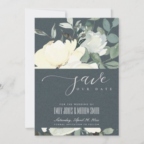 GREY IVORY WHITE AQUA FLORAL WATERCOLOR BUNCH SAVE THE DATE