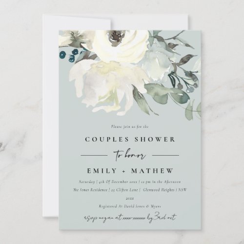 GREY IVORY WHITE FLORA WATERCOLOR  COUPLES SHOWER INVITATION