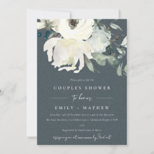 GREY IVORY WHITE FLORA WATERCOLOR COUPLES SHOWER INVITATION