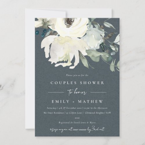 GREY IVORY WHITE FLORA WATERCOLOR  COUPLES SHOWER INVITATION