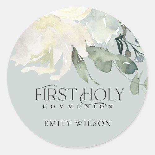 GREY IVORY WHITE FLORAL AQUA FIRST HOLY COMMUNION CLASSIC ROUND STICKER