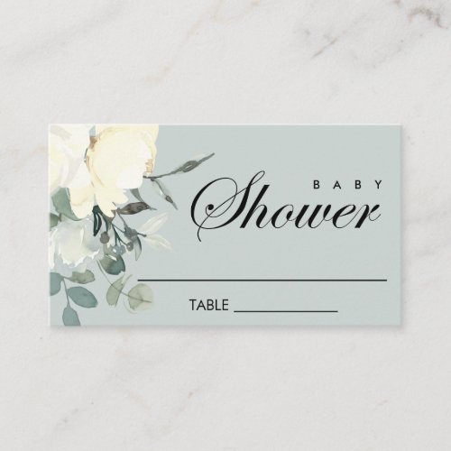 GREY IVORY WHITE FLORAL WATERCOLOR BABY SHOWER PLACE CARD