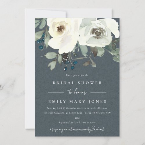 GREY IVORY WHITE FLORAL WATERCOLOR  BRIDAL SHOWER INVITATION