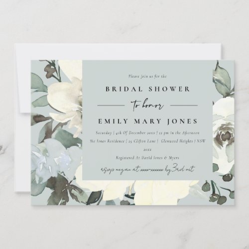 GREY IVORY WHITE FLORAL WATERCOLOR  BRIDAL SHOWER INVITATION