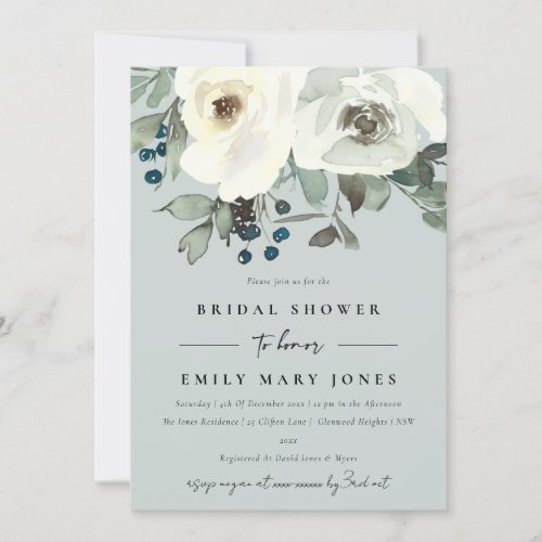 GREY IVORY WHITE FLORAL WATERCOLOR  BRIDAL SHOWER INVITATION