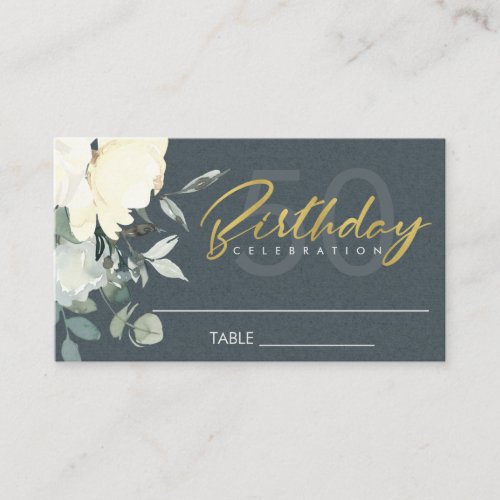 GREY IVORY WHITE FLORAL WATERCOLOR BUNCH BIRTHDAY PLACE CARD