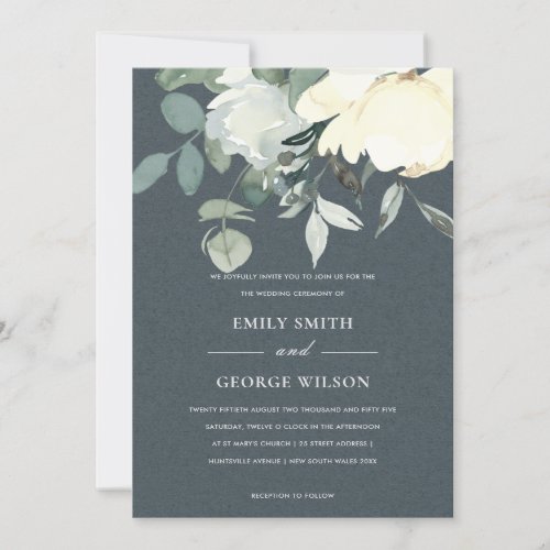 GREY IVORY WHITE FLORAL WATERCOLOR BUNCH WEDDING INVITATION