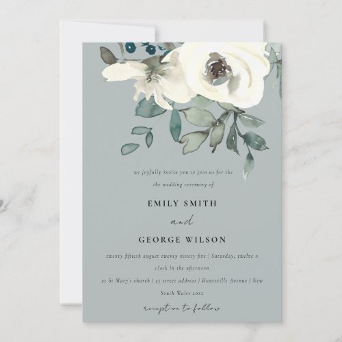 GREY IVORY WHITE FLORAL WATERCOLOR BUNCH WEDDING INVITATION