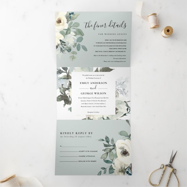 GREY IVORY WHITE FLORAL WATERCOLOR BUNCH WEDDING Tri-Fold INVITATION (Inside)