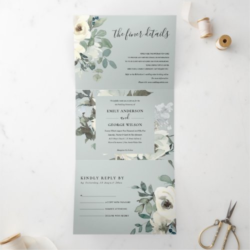 GREY IVORY WHITE FLORAL WATERCOLOR BUNCH WEDDING Tri_Fold INVITATION