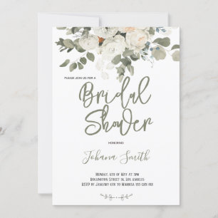 Grey Ivory White Watercolor Floral Bridal Shower Invitation