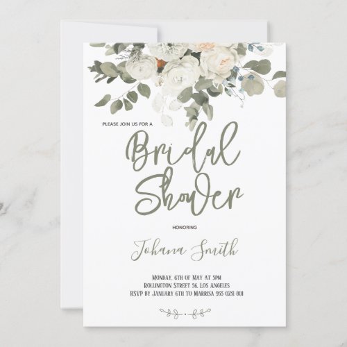 Grey Ivory White Watercolor Floral Bridal Shower Invitation