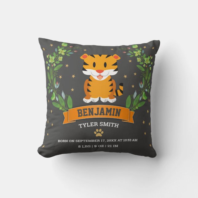 Grey Jungle Safari Tiger Baby Boy Birth Stats Throw Pillow (Front)