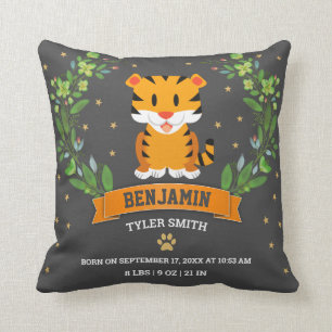 Grey Jungle Safari Tiger Baby Boy Birth Stats Throw Pillow