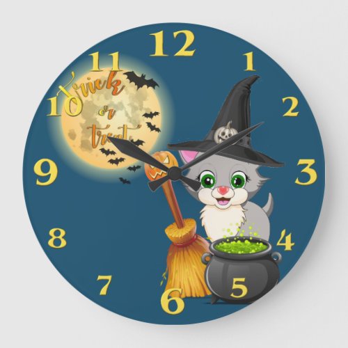 Grey Kitten Halloween Cartoon Large Clock