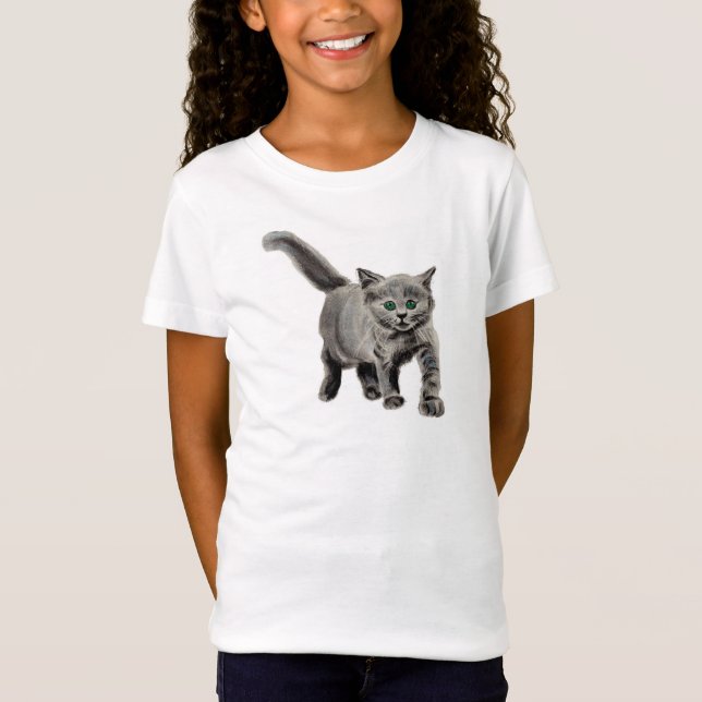 Grey Kitty Cat Kids Cute T-Shirt charcoal drawing (Front)