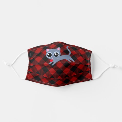 Grey Kitty with Heart on Buffalo Plaid Adult Cloth Face Mask