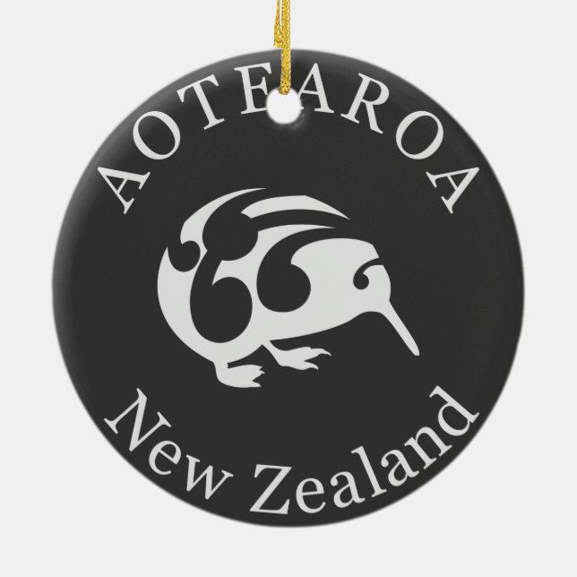 Grey Kiwi with Koru, Aotearoa, New Zealand Ceramic Ornament (Back)