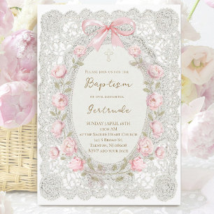 grey lace pink peonies Baptism girl Invitation