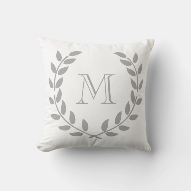 Grey Laurel Wreath Monogram Throw Pillow (Front)