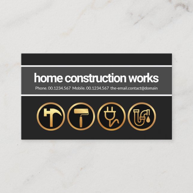 Grey Layers Gold Construction Handyman Tools Business Card (Front)