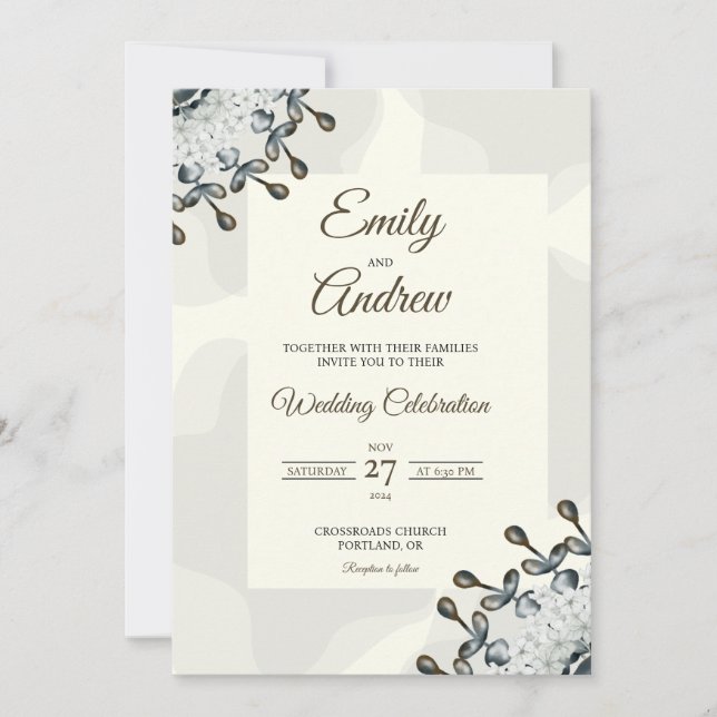 Grey Leaf Frame Elegant Floral Watercolor Wedding Invitation (Front)