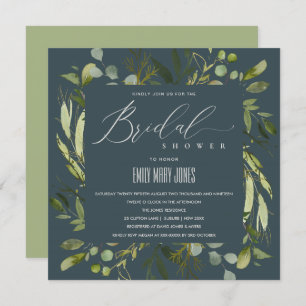 GREY LEAFY GREEN FOLIAGE WATERCOLOR BRIDAL SHOWER INVITATION