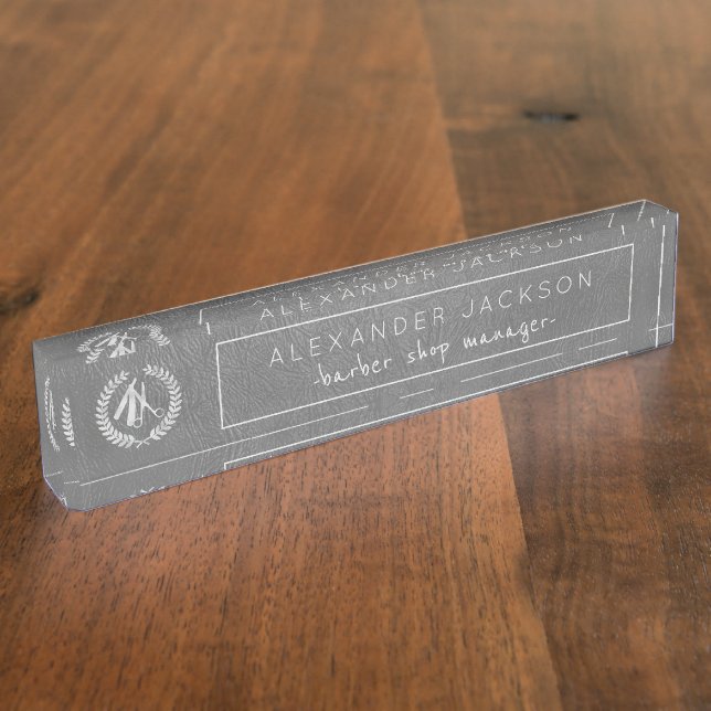 Grey Leather and Silver Logo Barber Shop Manger Desk Name Plate (Side)