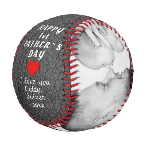 Grey Leather Print 1st Father`s Day 2 Photo Baseball - Modern Grey Leather Print 1st Father`s Day 2 Photo Baseball. Dark grey leather print and a bright red heart. The first Father`s Day personalized photo baseball. Add two photos, your names and year. You can change any text on the baseball. This custom and personalized baseball is a perfect gift for a new dad on a Father`s day.