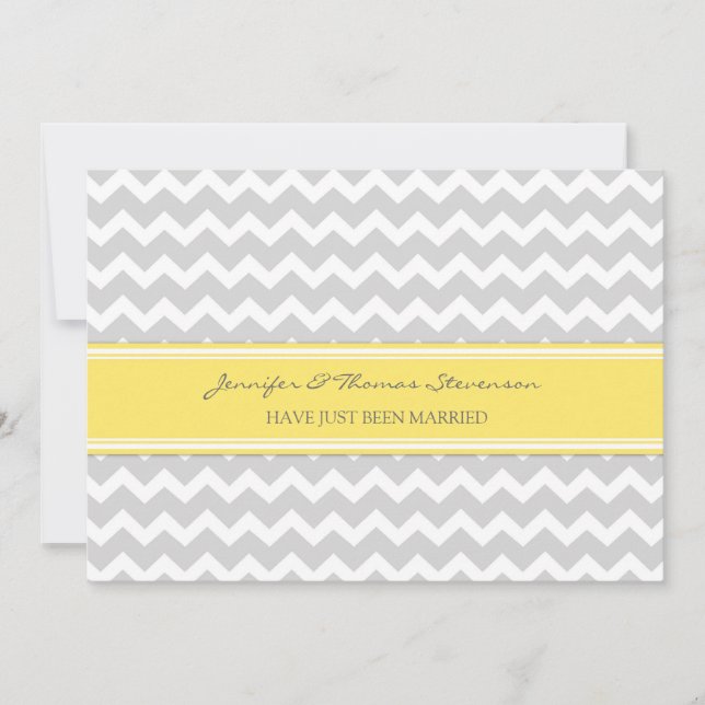 Grey Lemon Chevron Just Married Announcement Cards (Front)