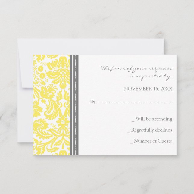 Grey Lemon Damask RSVP Wedding Card (Front)
