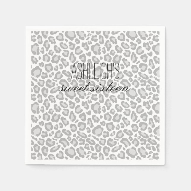 Grey Leopard Print Sweet Sixteen Paper Napkins (Front)