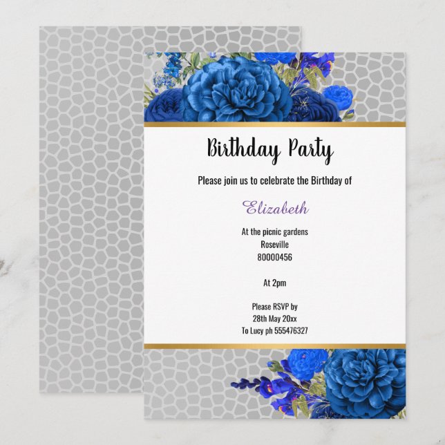 GREY LEOPARD ROYAL BLUE FLORAL  INVITATION (Front/Back)
