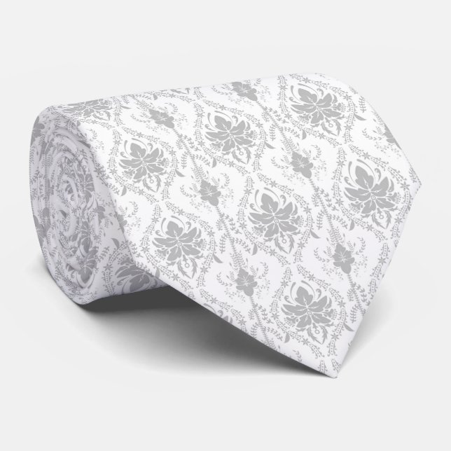 grey , light grey , white and greydamask pattern  neck tie (Rolled)